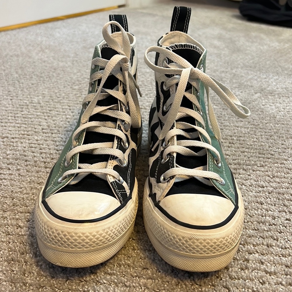 Custom cow print and teal platform converse